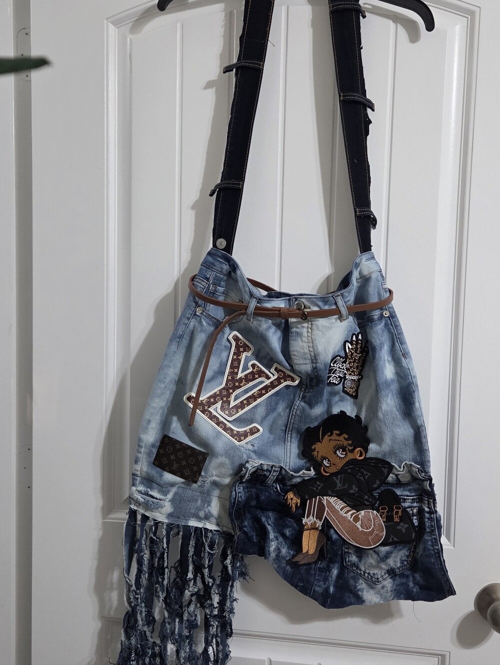 Upcycled Handmade Distressed Denim Tote with Patchwork Oversized Bag - Picture 2 of 3
